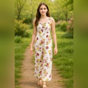 Feasethers Floral Smocked Wide Leg Jumpsuit XL – Cottagecore Summer Boho Chic